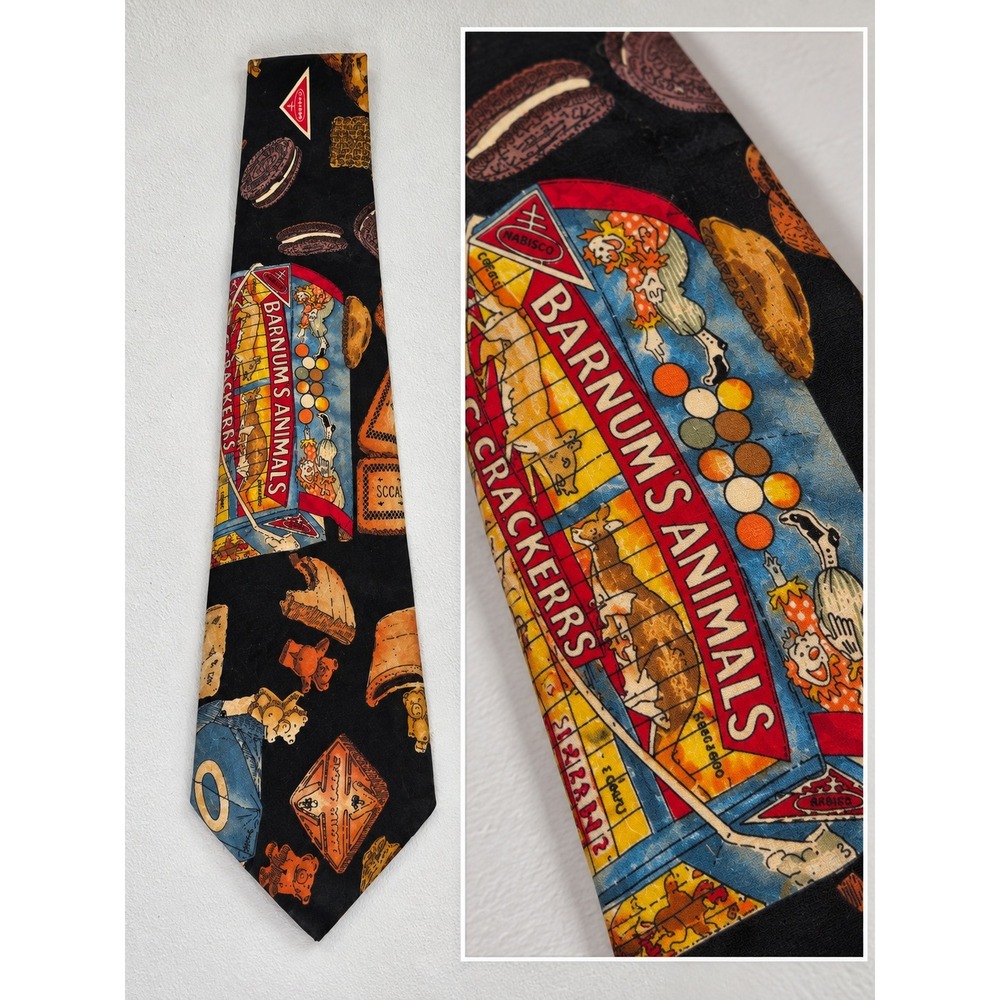 Vintage 1992 Nicole Miller Silk Cookie Necktie Mens Oreos Barnum Animals Nabisco